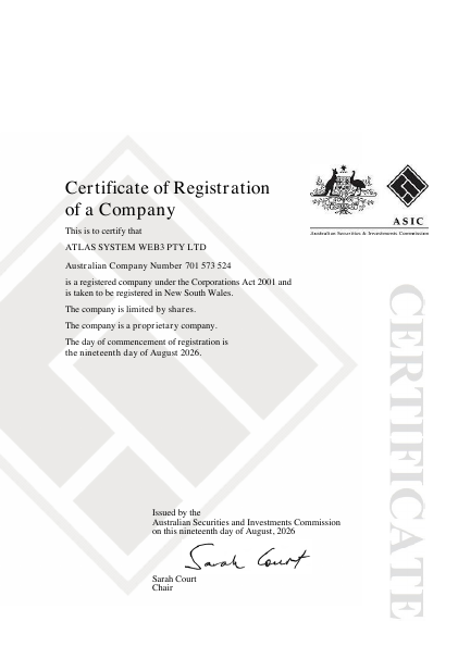 ASIC · ATLAS SYSTEM WEB3 PTY LTD · ACN 701 573 524